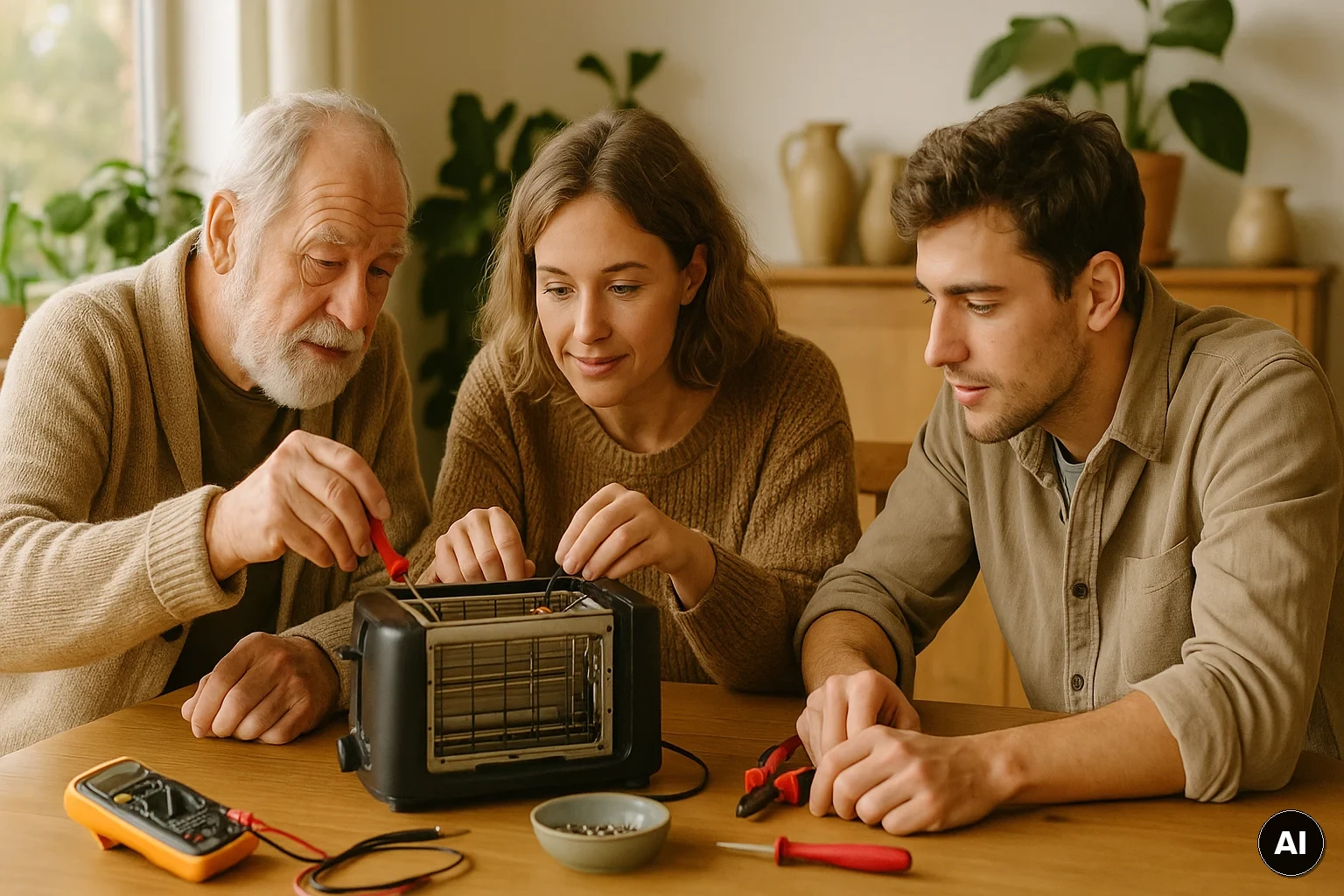 Repair-Café-Szene: Menschen reparieren gemeinsam ein kleines Elektrogerät an einem Holztisch im warmen Tageslicht