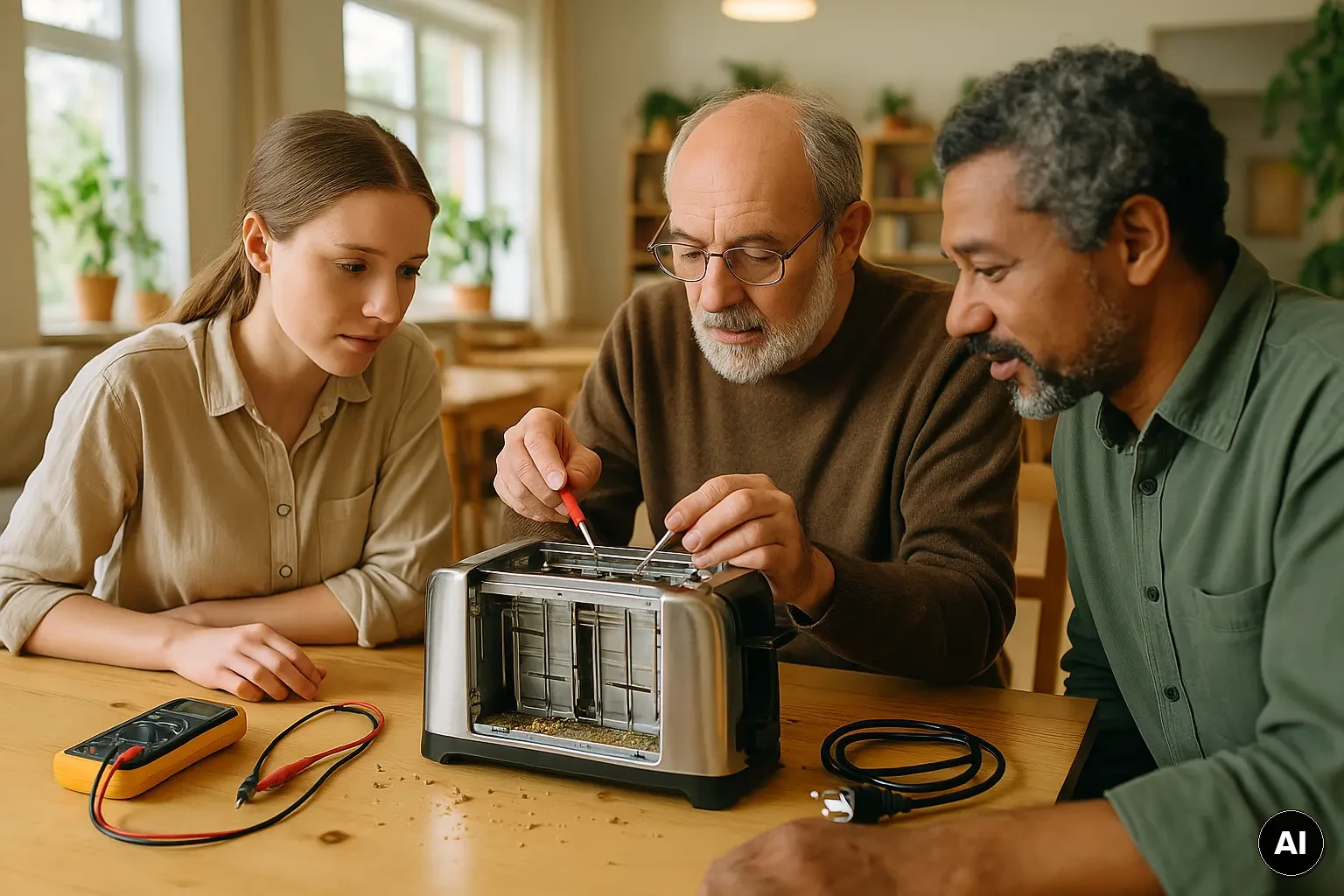 Menschen reparieren gemeinsam einen geöffneten Toaster am Holztisch mit Werkzeug und Multimeter
