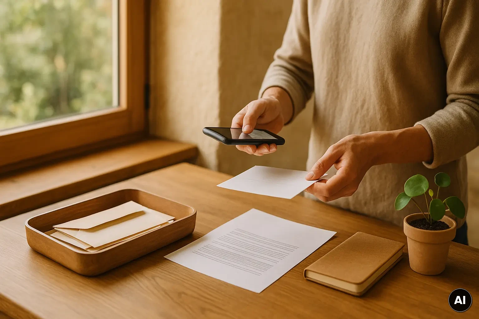 Person sortiert zu Hause Briefpost und digitalisiert ein Dokument mit dem Smartphone auf einem Holztisch am Fenster.