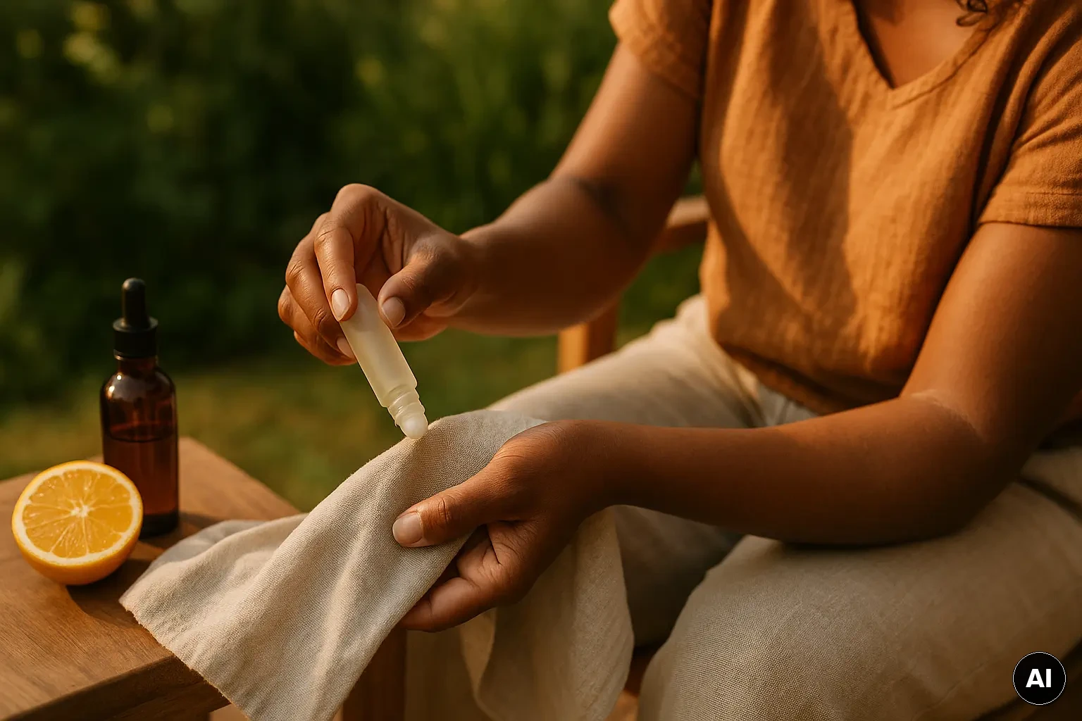 Hände tragen Naturparfum aus einer neutralen Glasflasche auf ein Baumwolltuch auf, sommerliche Gartenatmosphäre