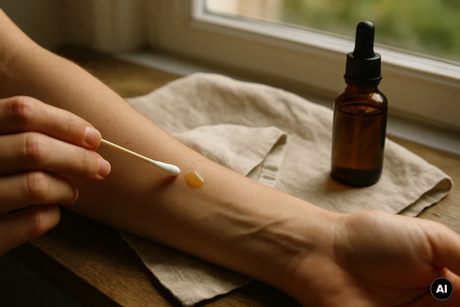 Patchtest am Unterarm mit Wattestäbchen und neutraler Pipettenflasche in indirektem Licht