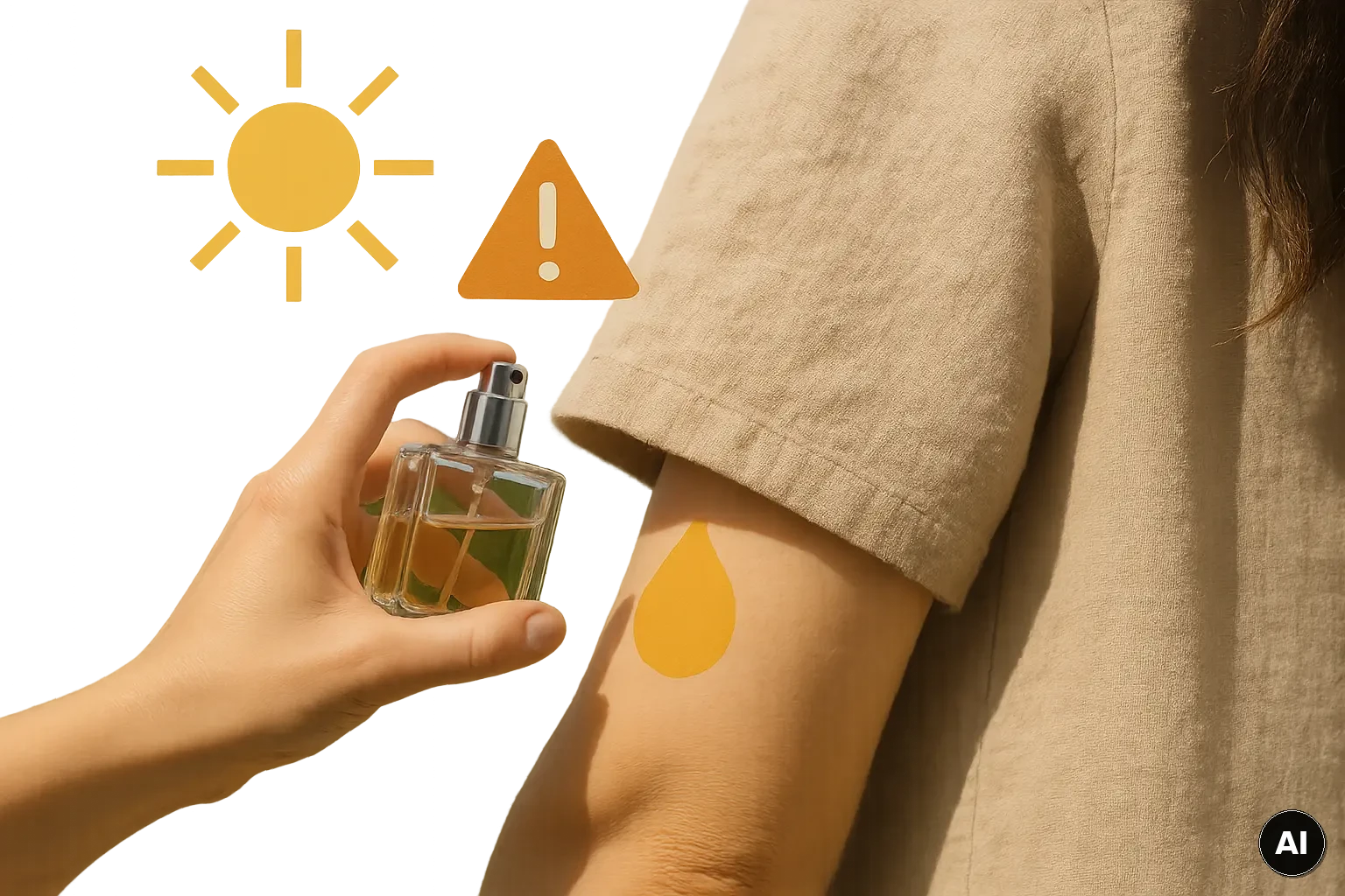 Schlichte textfreie Grafik mit Symbolen für Sonne, Duftöl und Kleidung als Hinweis auf risikoärmere Duftplatzierung