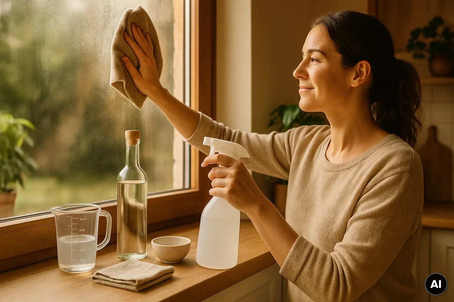Person reinigt ein Fenster mit Sprühflasche und Mikrofasertuch bei warmem Sonnenlicht – DIY-Glasreiniger streifenfrei in...