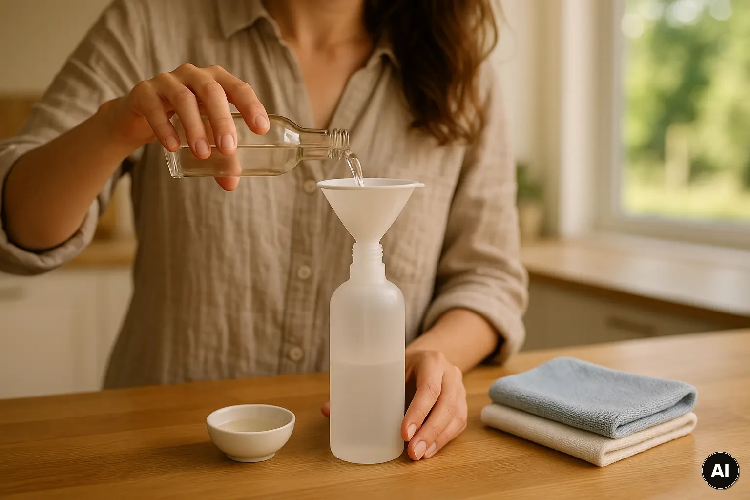 Zutaten und Werkzeug für DIY-Glasreiniger: Wasser, Alkohol, optional Essig, Messbecher, Sprühflasche und Tücher.