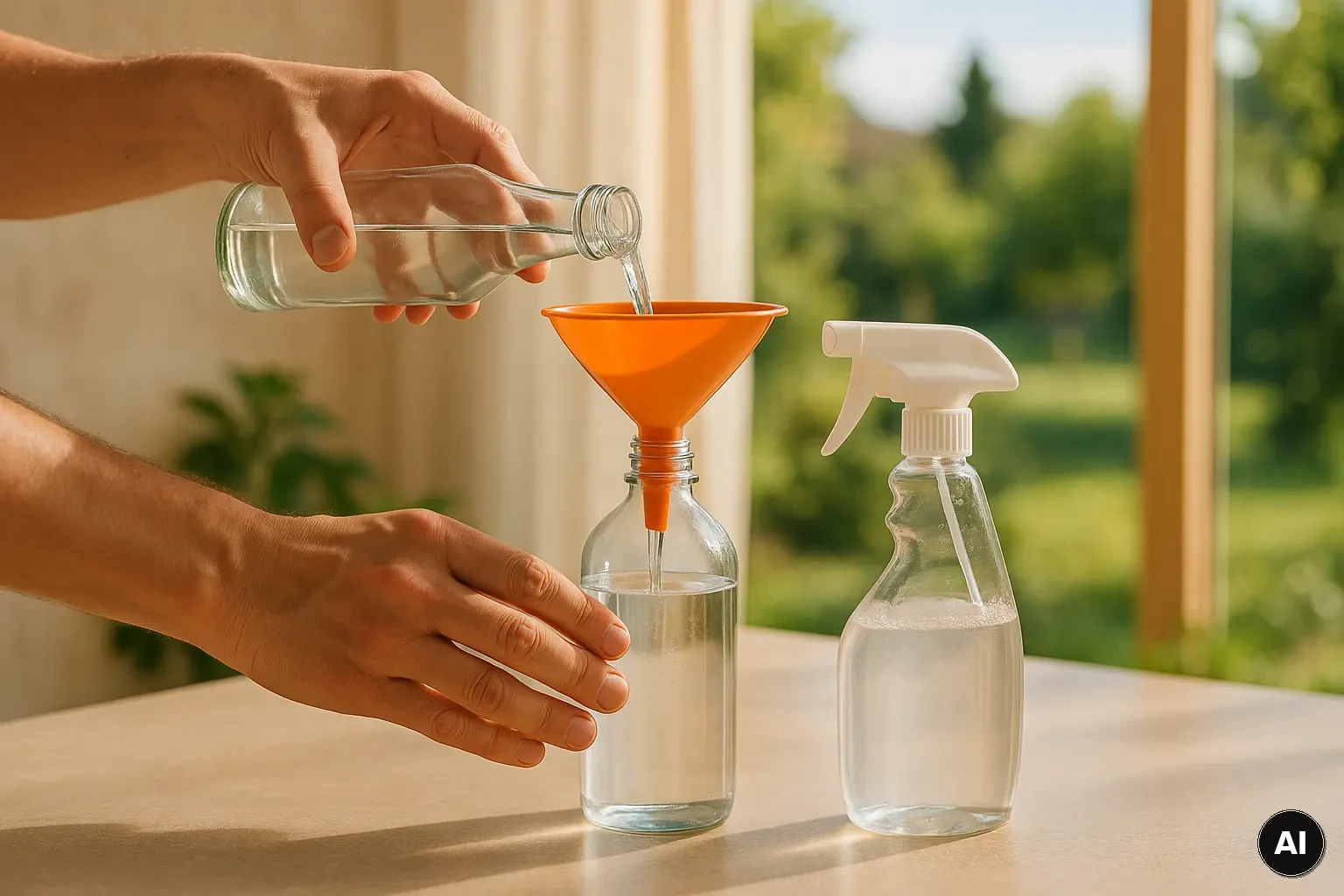 Alkohol wird mit Trichter in eine Sprühflasche mit Wasser gefüllt, um DIY-Glasreiniger anzusetzen.