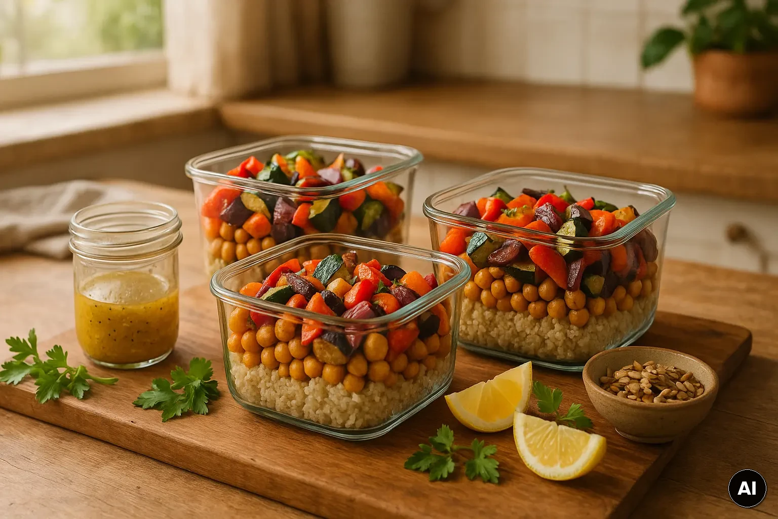 Meal-Prep-Boxen mit Quinoa, Ofengemüse und Kichererbsen, daneben ein Schraubglas mit essigbasiertem Dressing