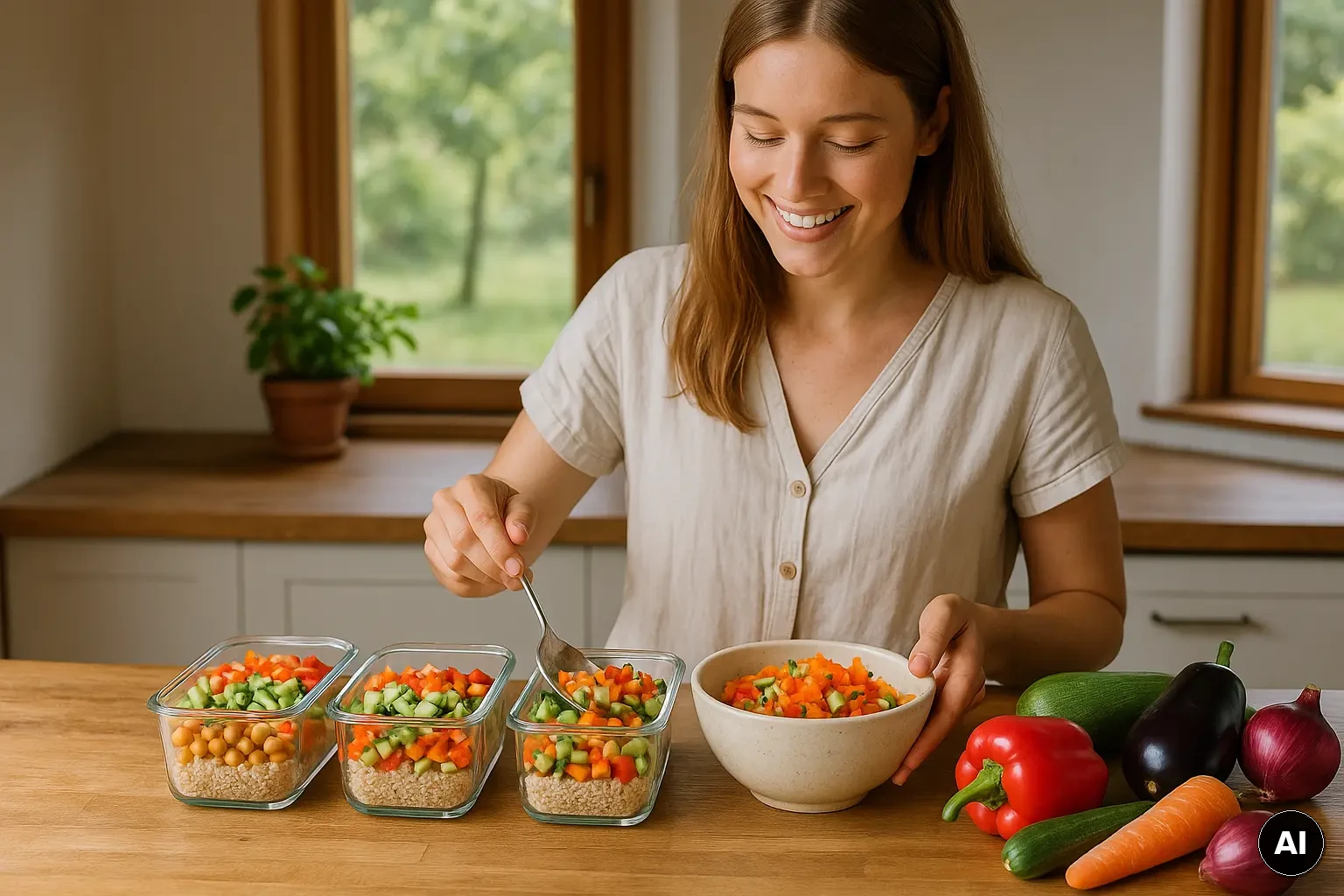 Zutaten für Meal-Prep-Salat: Quinoa, Kichererbsen und Gemüse für Ofengemüse auf einer Holzarbeitsplatte