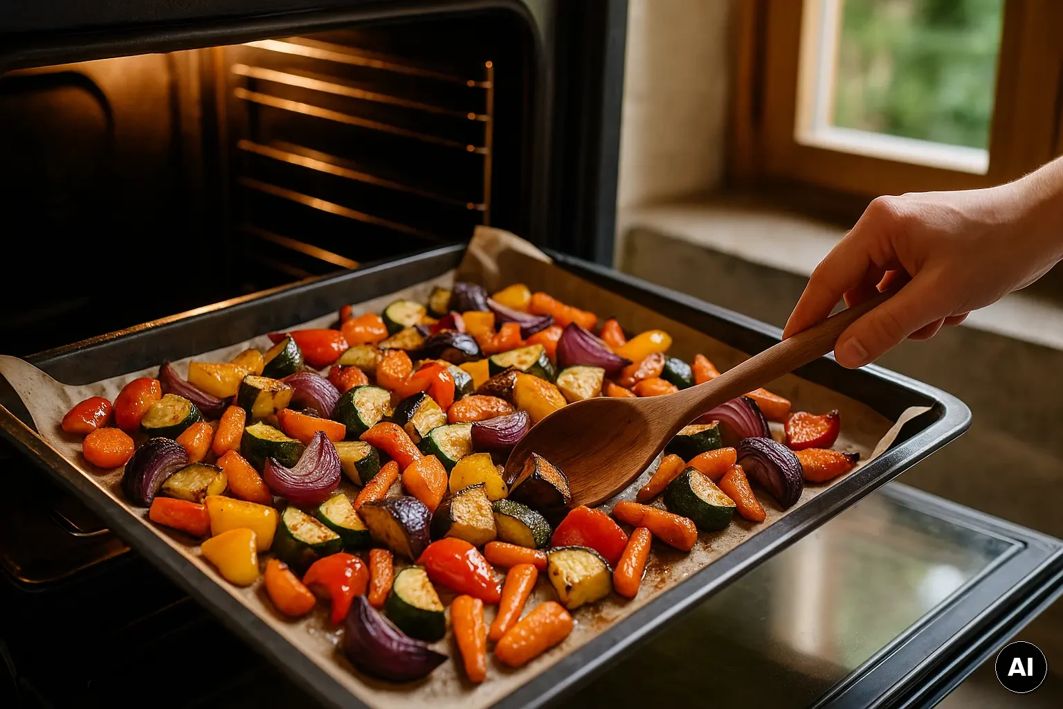 Ofengemüse auf einem Blech mit gerösteten Kanten als Vorbereitung für einen Meal-Prep-Salat