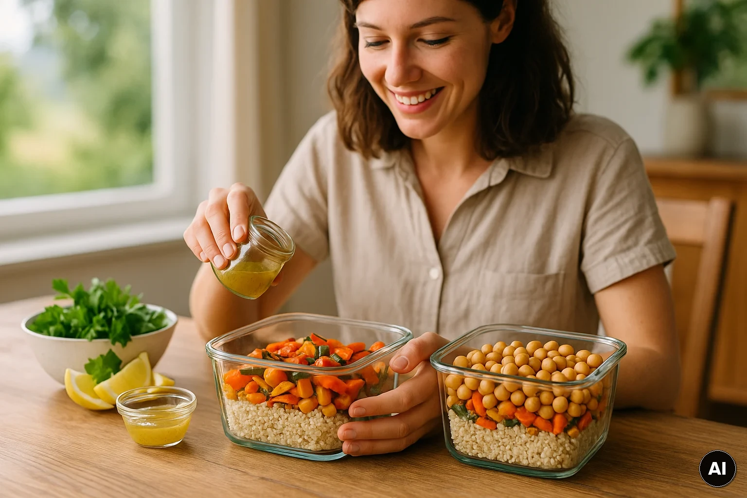 Drei Meal-Prep-Boxen mit Quinoa, Ofengemüse und Kichererbsen, dazu Dressing im Schraubglas separat