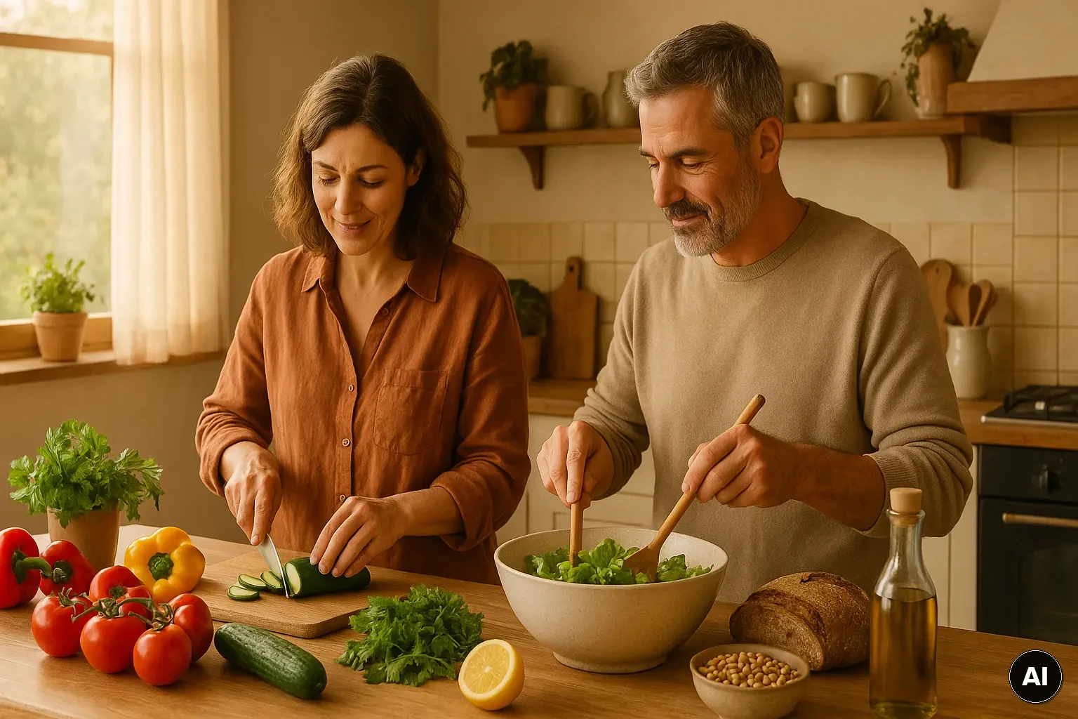 Menschen bereiten in einer warmen Küche mediterran inspiriertes Essen mit Gemüse, Hülsenfrüchten und Olivenöl zu