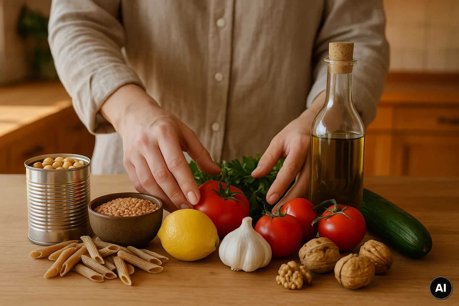 Baukasten-Zutaten für mediterranes Kochen: Hülsenfrüchte, Vollkorn, Olivenöl, Gemüse und Kräuter auf einer...