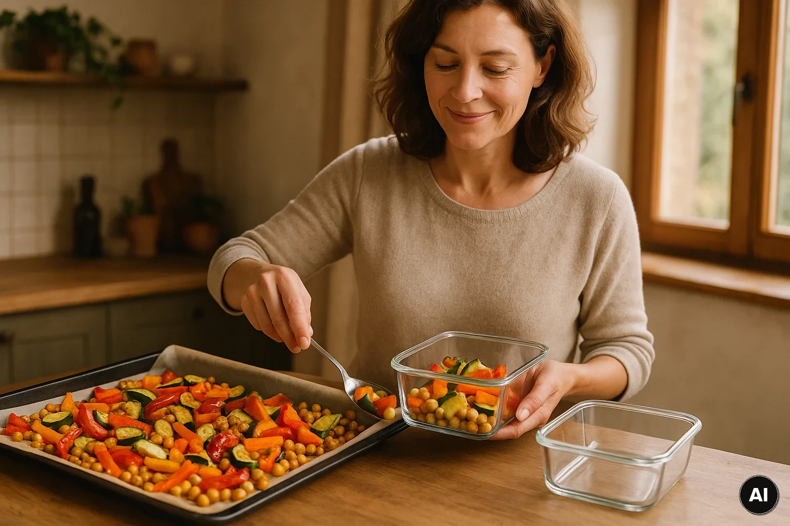 Ofengemüse mit Kichererbsen wird in zwei Glasboxen für Abendessen und Lunch am nächsten Tag portioniert
