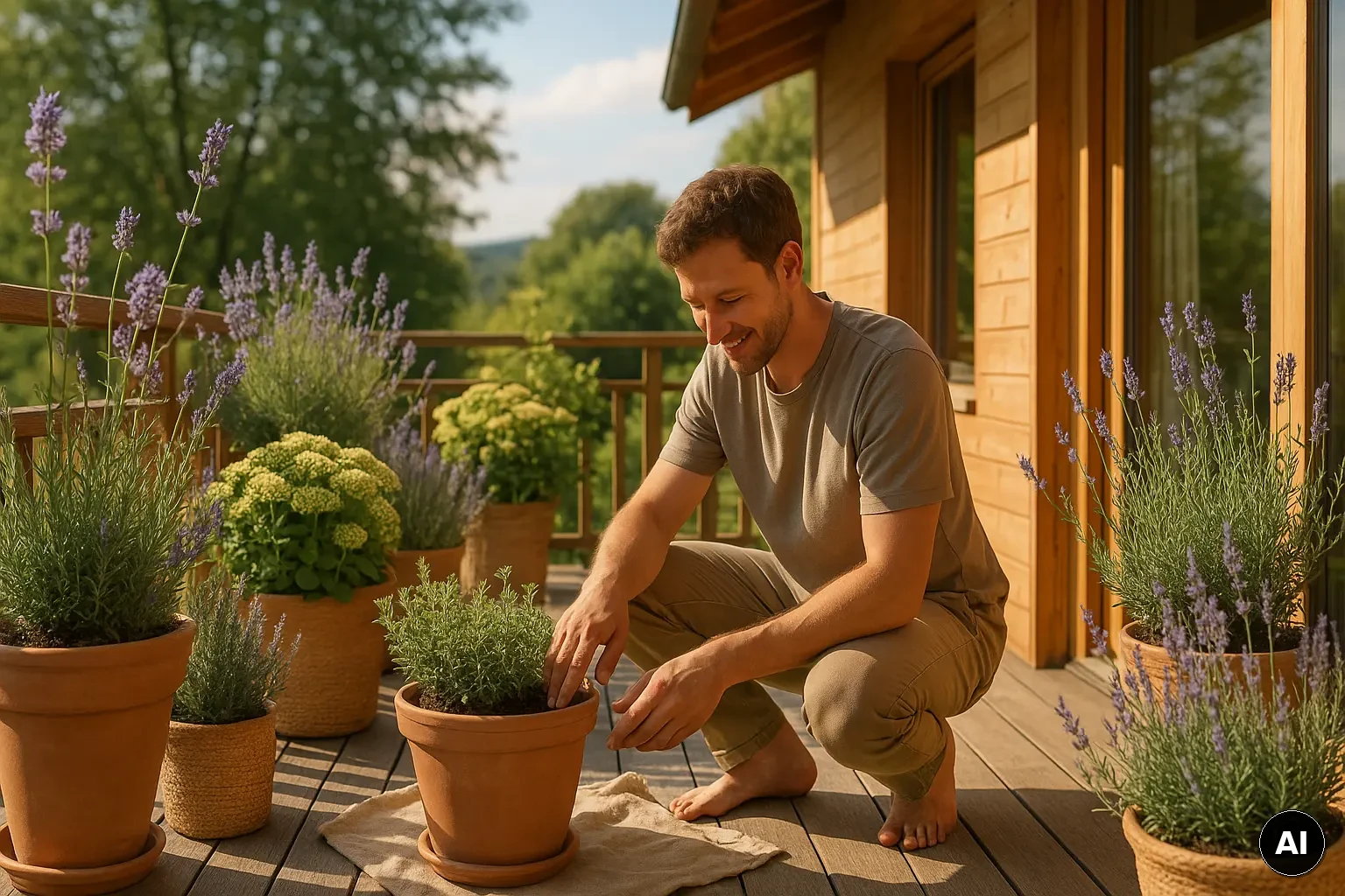 Balkon mit robusten Kräutern und Stauden in großen Töpfen als Mini-Biotop bei Sonne und leichtem Wind