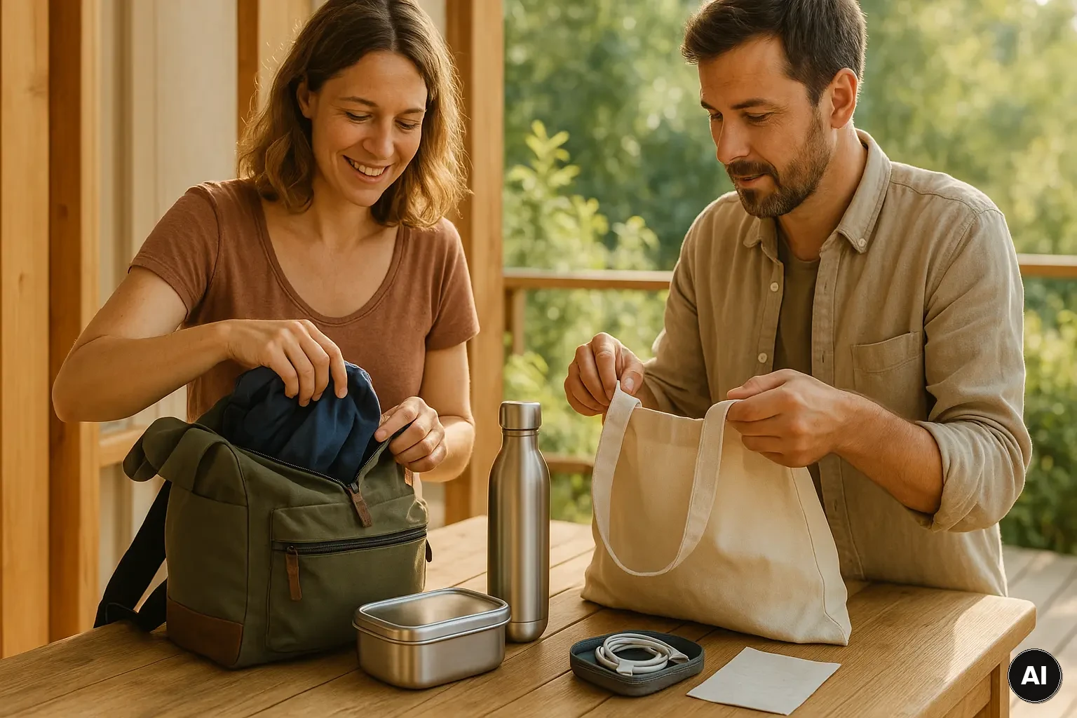 Zwei Personen packen auf einer Veranda einen Rucksack mit Trinkflasche und Mehrwegbehälter für eine Bahnreise