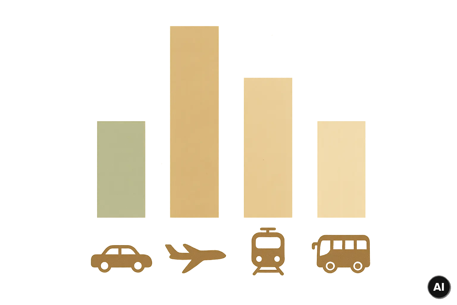 Textfreie Grafik mit Balken und Symbolen für Auto, Flugzeug, Zug und Fernbus als Vergleich der Klimawirkung