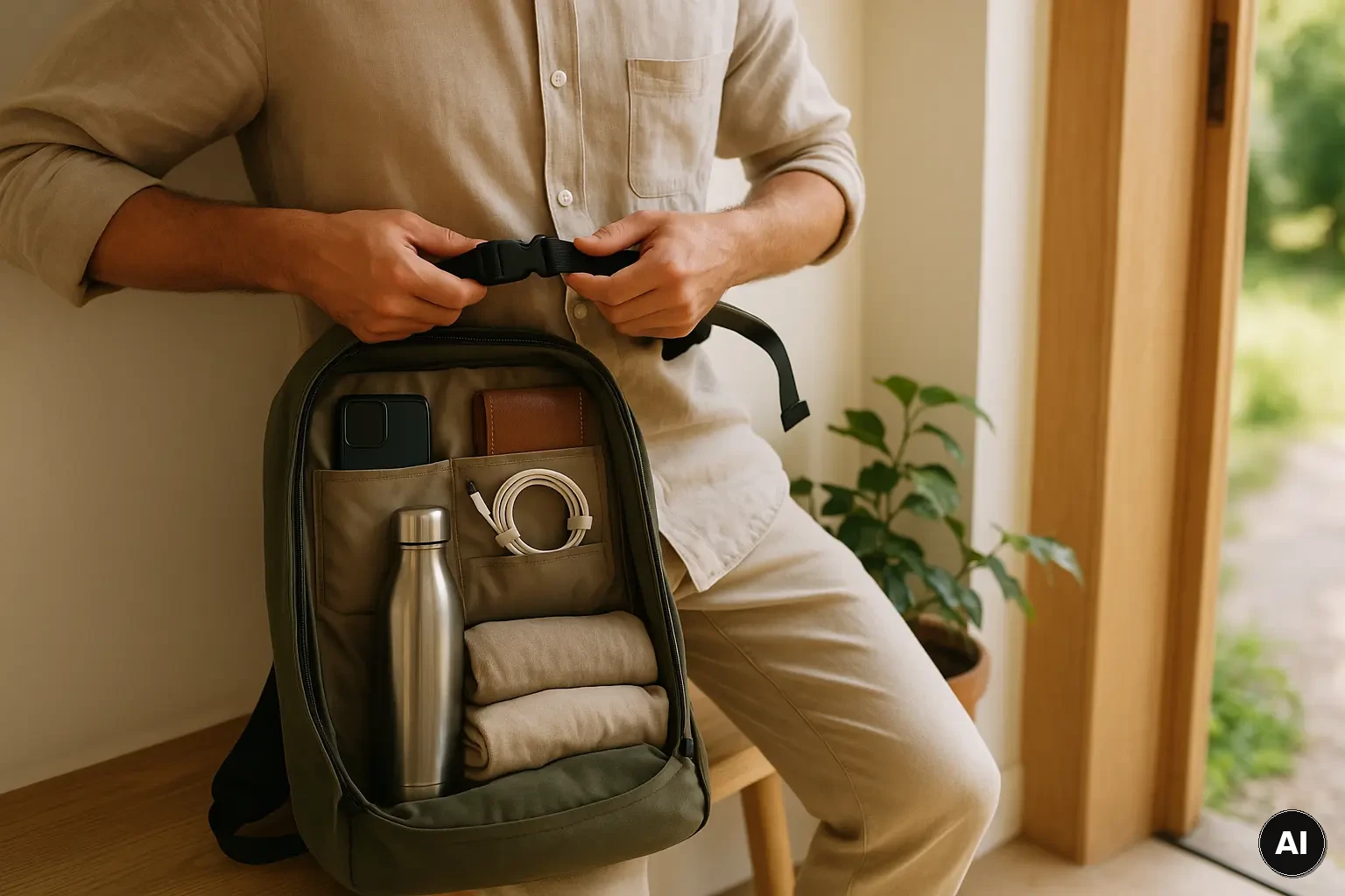 Offener Rucksack mit geordneten Fächern für Ticket, Geld, Kabel und Trinkflasche