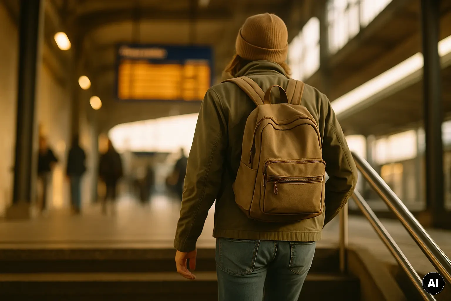 Person mit Rucksack steigt in einem Bahnhof Treppen zu einem Bahnsteig hinauf