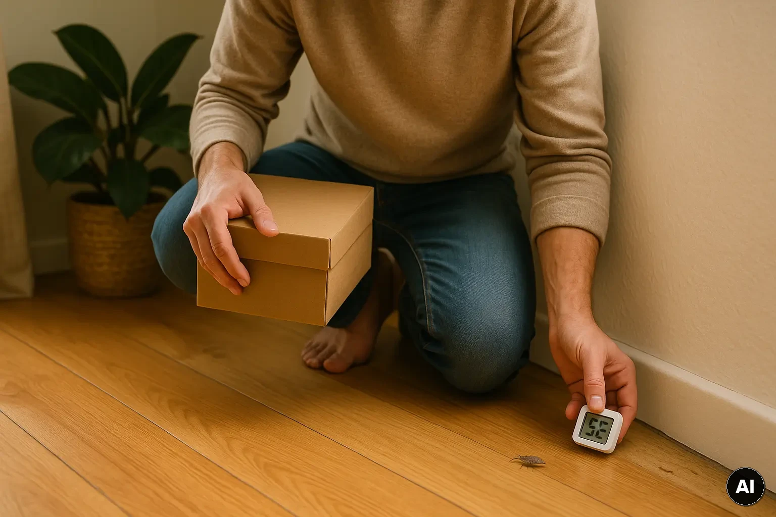 Person prüft mit einem Hygrometer die Luftfeuchte an einer Sockelleiste neben einem Karton in einer Wohnzimmerecke
