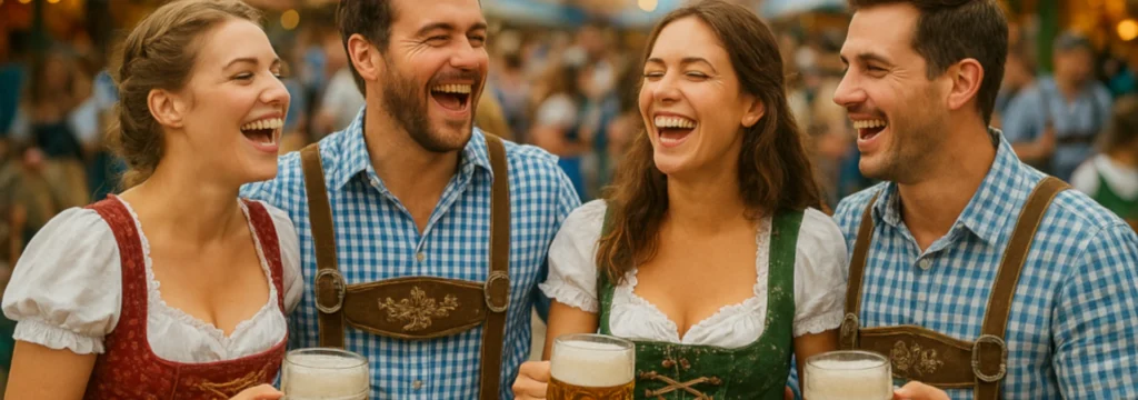 Vier Personen in traditioneller bayerischer Tracht mit Bierkrügen, die lachen und feiern.