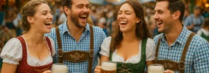 Vier Personen in traditioneller bayerischer Tracht mit Bierkrügen, die lachen und feiern.