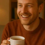 Mann mit einem breiten Lächeln, der eine Tasse Kräutertee in den Händen hält.